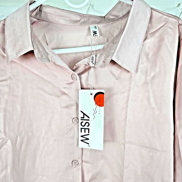 AISEW Women’s Satin Blush Pink Button-Up Blouse Top Size 2XL Long Sleeve Collar - Picture 4 of 8